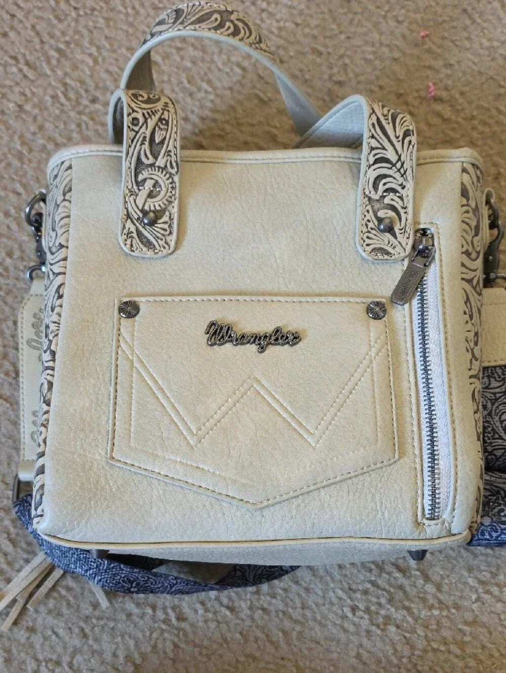 Wrangler Tan and White Haircalf Fringe Tote with Turquoise Concho Accents